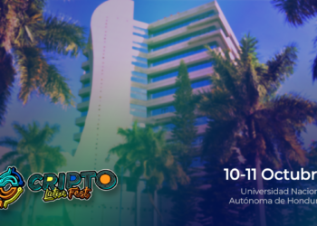 Logo del Cripto Latin Fest con un edificio y palmeras de fondo