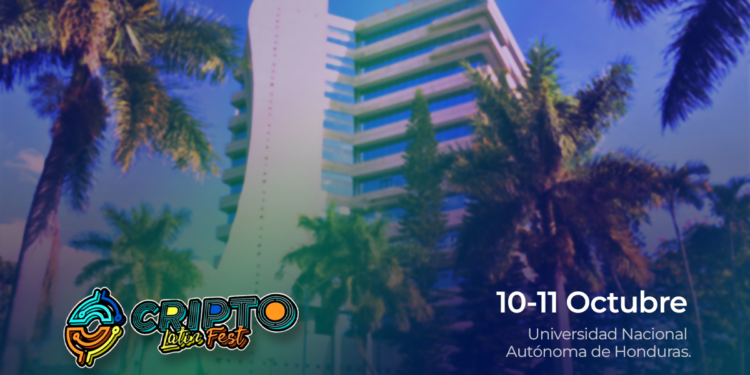 Logo del Cripto Latin Fest con un edificio y palmeras de fondo