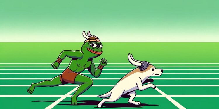 PEPE y FLOKI se destacan en la carrera semanal de las criptomonedas. Imagen generada mediante Dall-E, de OpenAI