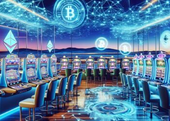 Máquinas de casino en una sala con bitcoins