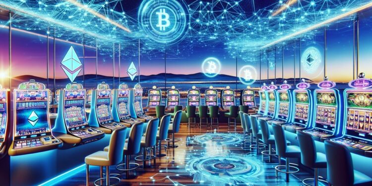Máquinas de casino en una sala con bitcoins