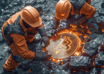 mineros extrayendo una moneda de Bitcoin de la roca