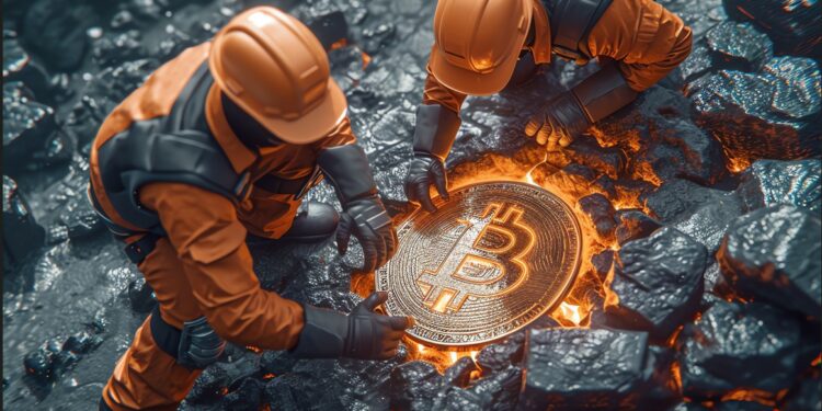 mineros extrayendo una moneda de Bitcoin de la roca