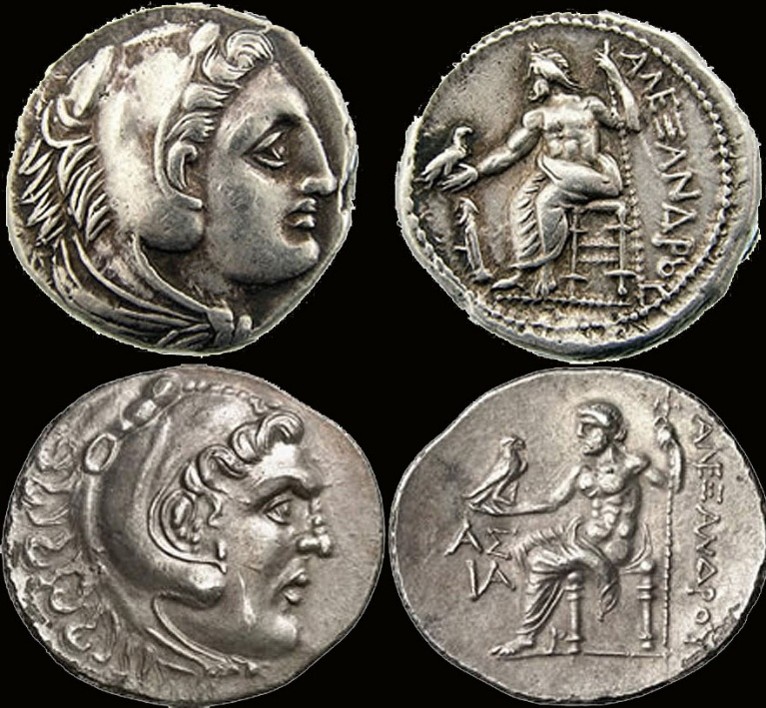 Cuatro monedas antiguas con la cara de Alejandro Magno tallada.