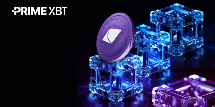 Tres estructuras cubicas de color azul y otra de color violeta al lado, junto a una moneda de Ethereum en color violeta.