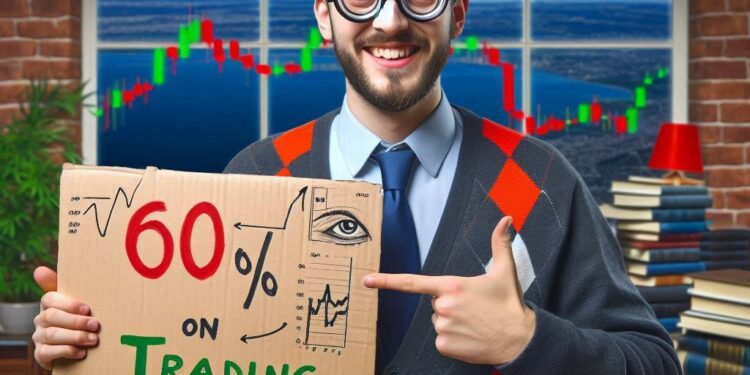Geek de las finanzas con un cartel de descuento.