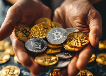 Un puñado de criptomonedas de bitcoin y Ethereum en las palmas de unas manos masculinas.