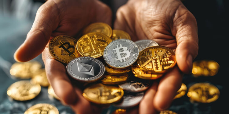 Un puñado de criptomonedas de bitcoin y Ethereum en las palmas de unas manos masculinas.
