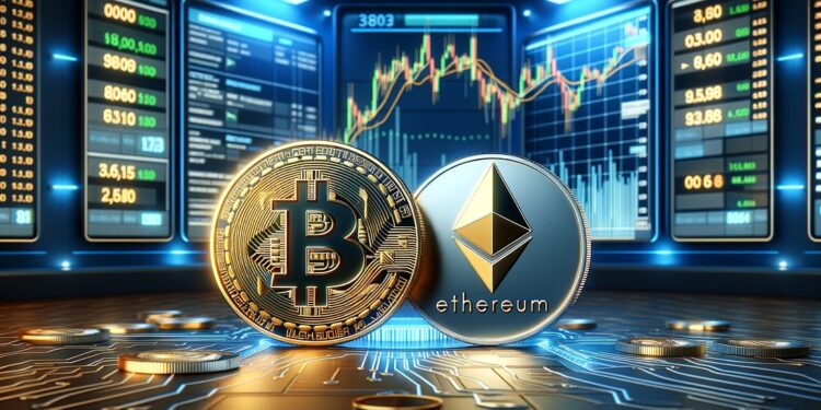 Bitcoin (BTC) y ether (ETH) son las principales criptomonedas del mercado. Fuente: imagen generada mediante Dall-E, de OpenAI.