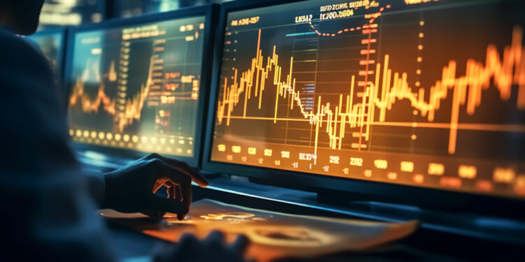 Un trader mira las pantallas de computadoras con graficos de precio en ellas.