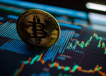 moneda de bitcoin sobre pantalla mostrando graficos de precio y volatilidad