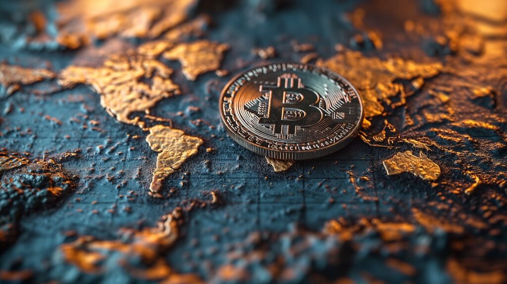 Mapa mundi con moneda de bitcoin en el centro