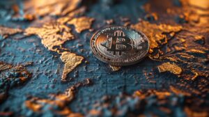 Mapa mundi con moneda de bitcoin en el centro