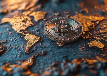 Mapa mundi con moneda de bitcoin en el centro