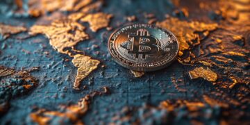 Mapa mundi con moneda de bitcoin en el centro