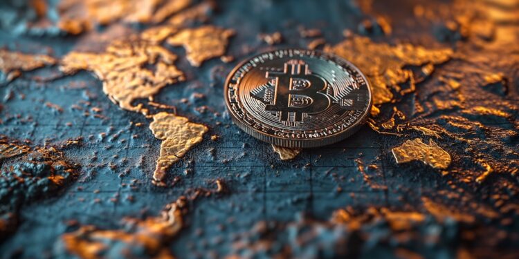 Mapa mundi con moneda de bitcoin en el centro