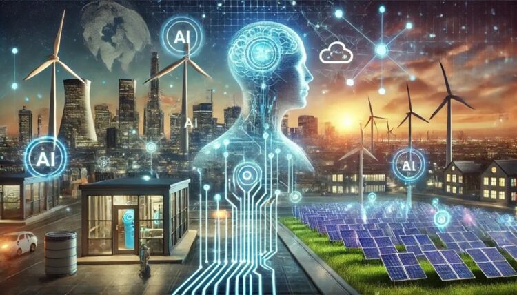 Ciudad digital con paneles solares y molinos de viento.