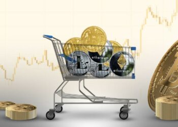 Carrito de compras con siete criptomonedas, un gráfico de fondo y un bitcoin.
