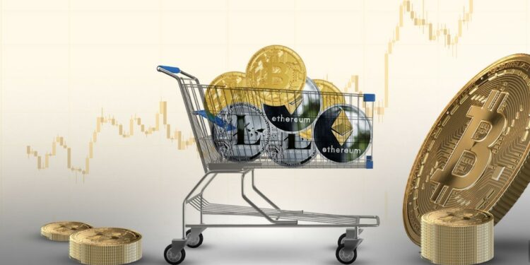 Carrito de compras con siete criptomonedas, un gráfico de fondo y un bitcoin.