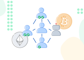 Figuras interconectadas en un rombo con logo de Bitcoin y Ethereum