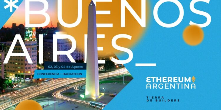 Obelisco de Buenos Aires con fondo azul y amarillo y letras blancas.