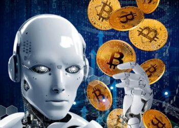 Robot cibernetico al lado de monedas de bitcoin que caen.