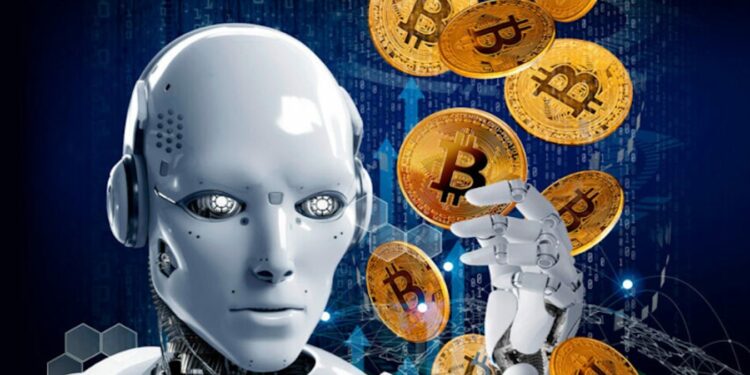 Robot cibernetico al lado de monedas de bitcoin que caen.
