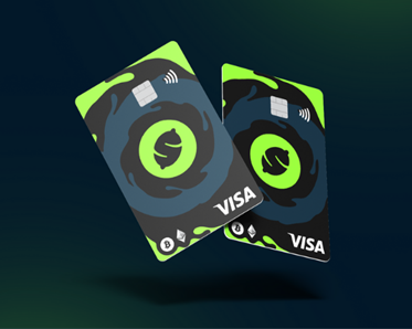 Dos tarjetas Lemon Card Visa, diseño verde y negro con logotipo de limón en el centro, compatibles con Bitcoin y Ethereum.
