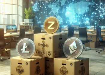 cajas con la imagen de litecoin, zcash, y XRP apiladas en una oficina de lujo, estilo digital