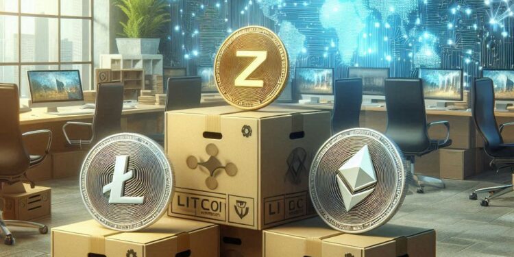 cajas con la imagen de litecoin, zcash, y XRP apiladas en una oficina de lujo, estilo digital