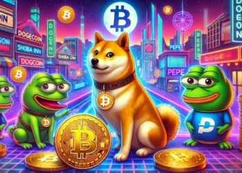 Un perro dorado y tres sapos verdes con monedas de bitcoin alrededor.