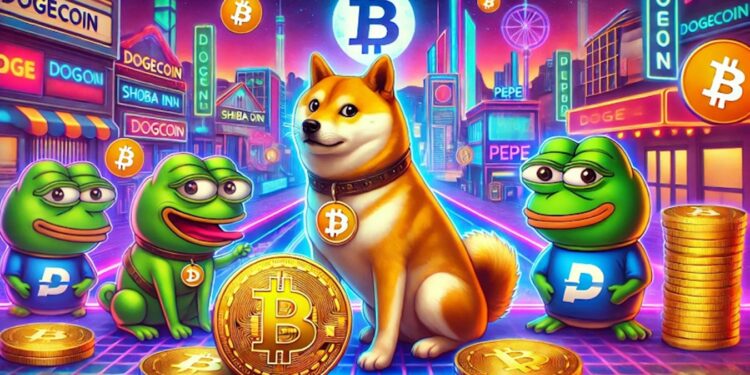 Un perro dorado y tres sapos verdes con monedas de bitcoin alrededor.