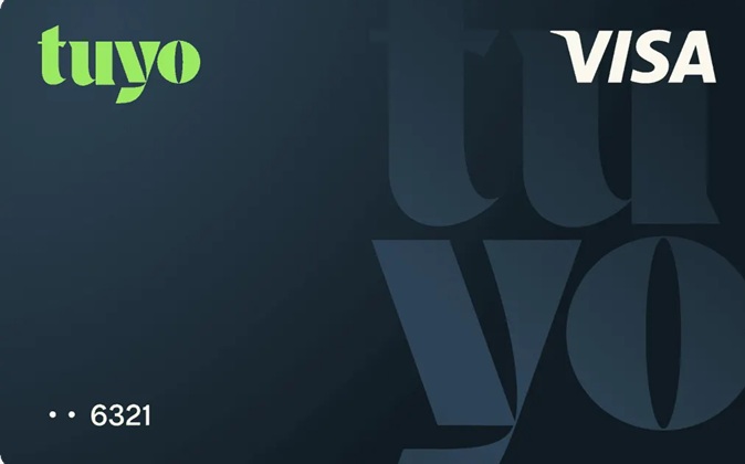 Tarjeta Tuyo Visa de diseño minimalista con fondo oscuro y logotipo verde.