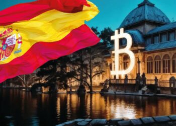 Edificio con la B de Bitcoin y bandera de España.