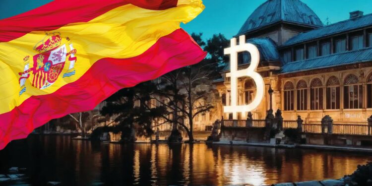 Edificio con la B de Bitcoin y bandera de España.