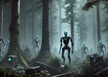 Robots caminando por un bosque oscuro