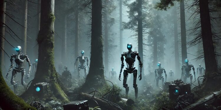Robots caminando por un bosque oscuro