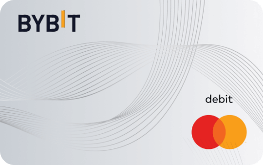 Tarjeta de débito Mastercard de Bybit, fondo gris claro con líneas curvas, logotipo de Bybit en la esquina superior izquierda.