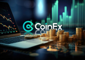 Logo de Coinex y graficos de trading.