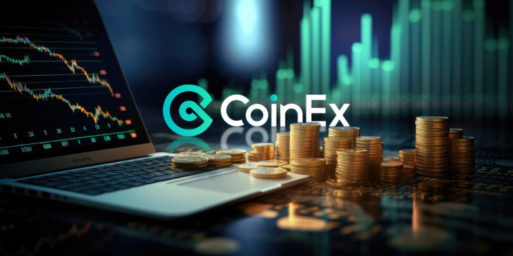 Logo de Coinex y graficos de trading.