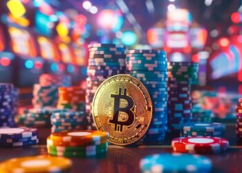 Una moneda de Bitcoin junto a pilas de fichas de apuesta de casino.