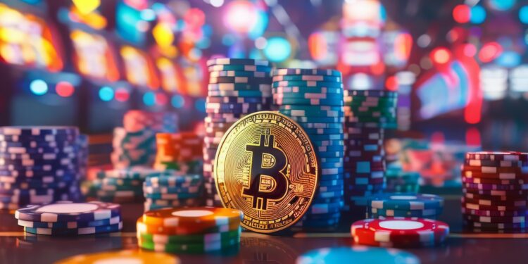 Una moneda de Bitcoin junto a pilas de fichas de apuesta de casino.