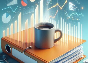 una taza encima de una carpeta con gráficos financieros, estilo animado
