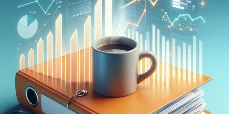 una taza encima de una carpeta con gráficos financieros, estilo animado