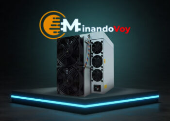 Minero Antminer AL1 y logo de MinandoVoy.