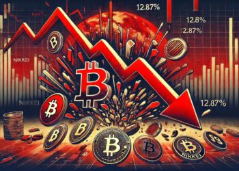 Monedas de bitcoin en rojo junto a un rayo rojo descendente.