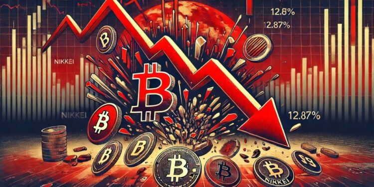 Monedas de bitcoin en rojo junto a un rayo rojo descendente.