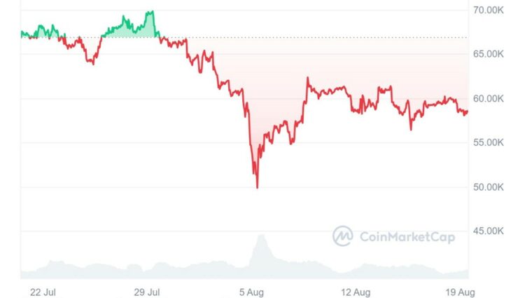 Grafico del precio de bitcoin durante agosto 2024.