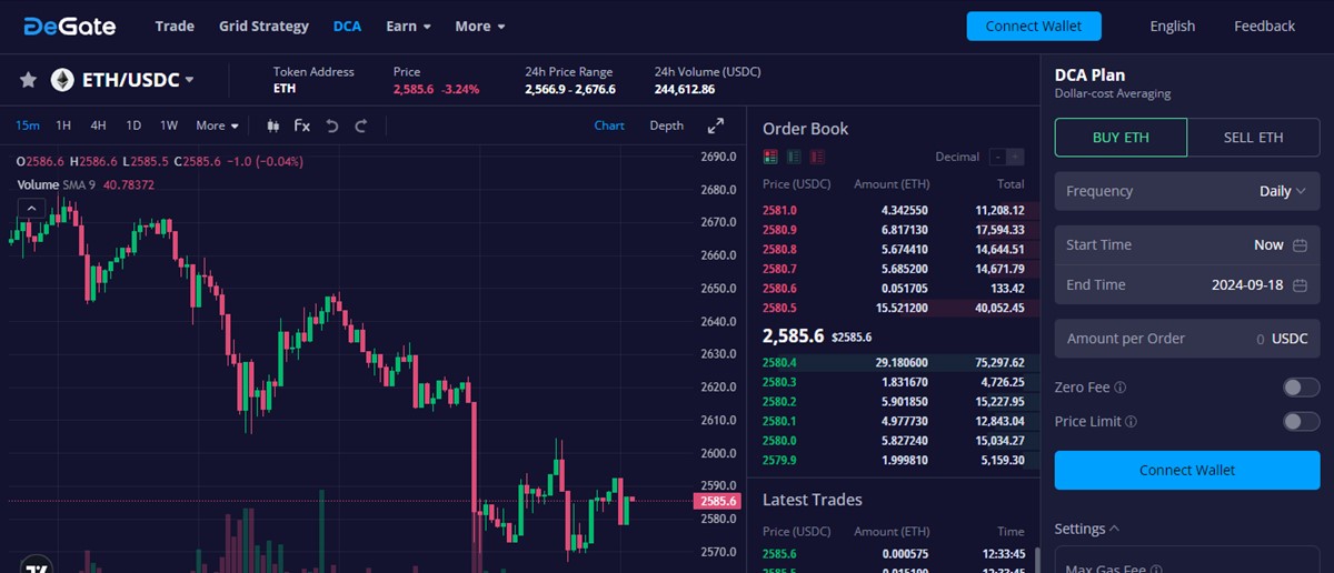 Captura de la pantalla de trading de DCA de DeGate.