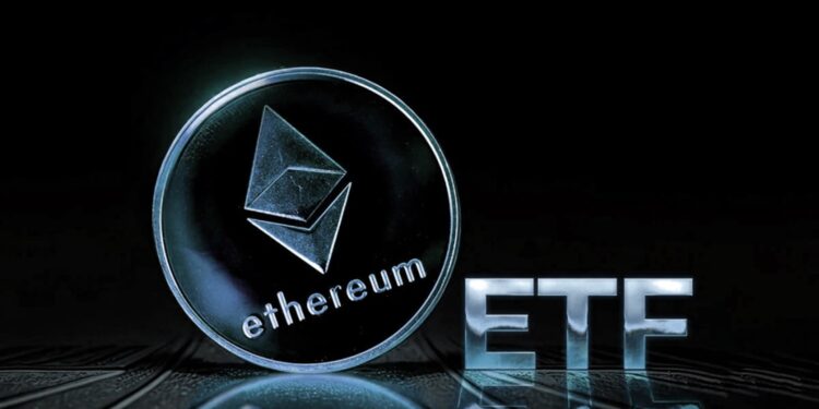 Moneda de Ethereum parada de canto y las siglas ETF al lado.